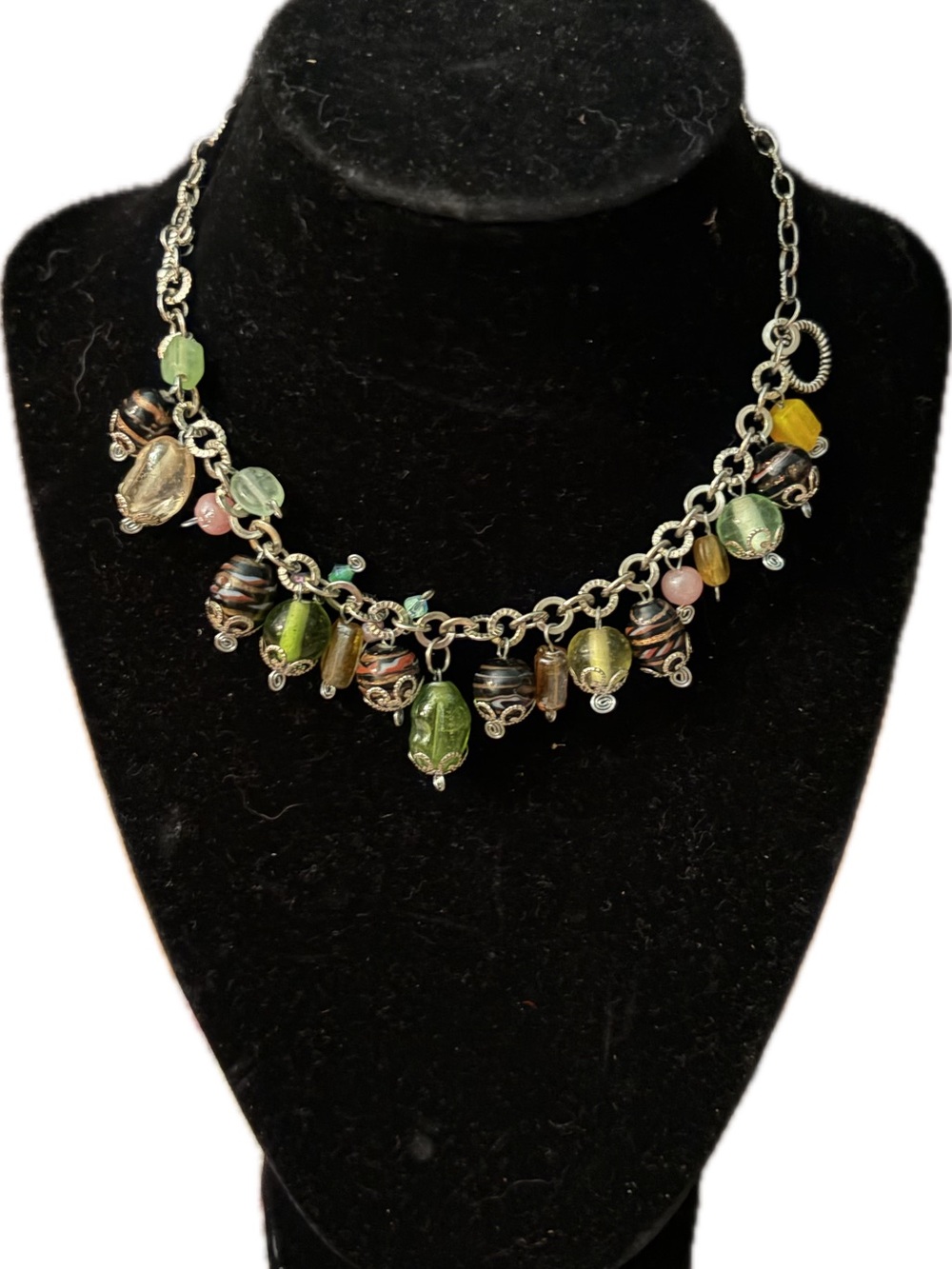 Multi-Color Glass Bead Charm Necklace - Green Accent